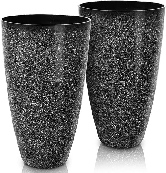 2 Pcs Pack 21 Inches Plastic Resin Tall Tapered Planter Pots Large Round Planter Flower Pot with Drainage Holes for Indoor Outdoor Deck Porch Garden Home Patio Front Door (Black, L)-CasaMuseHome