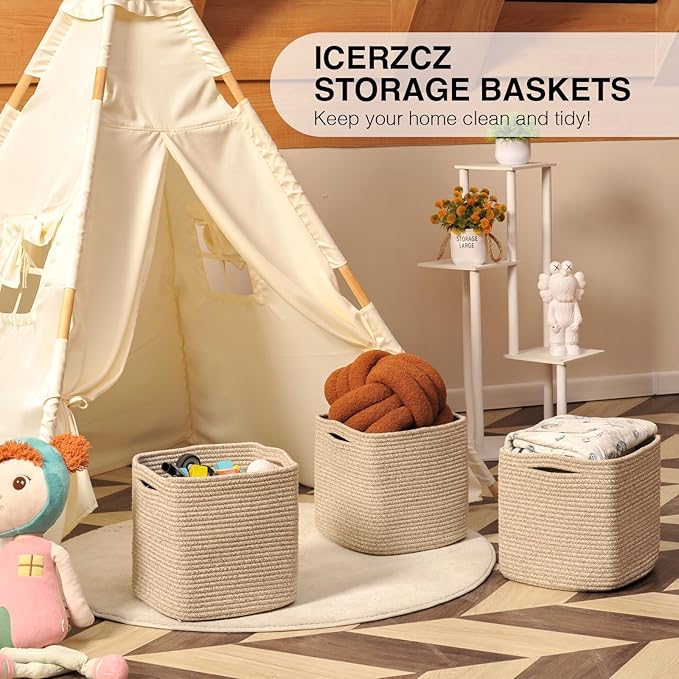 11 Inch Cube Storage Bins, Storage Cube Organizer Bins, Woven Cotton Rope Baskets for Storage, Storage Basket for Organizing Shelves, Square Baskets for Toys Nursery, Brown (Pack of 3)-CasaMuseHome