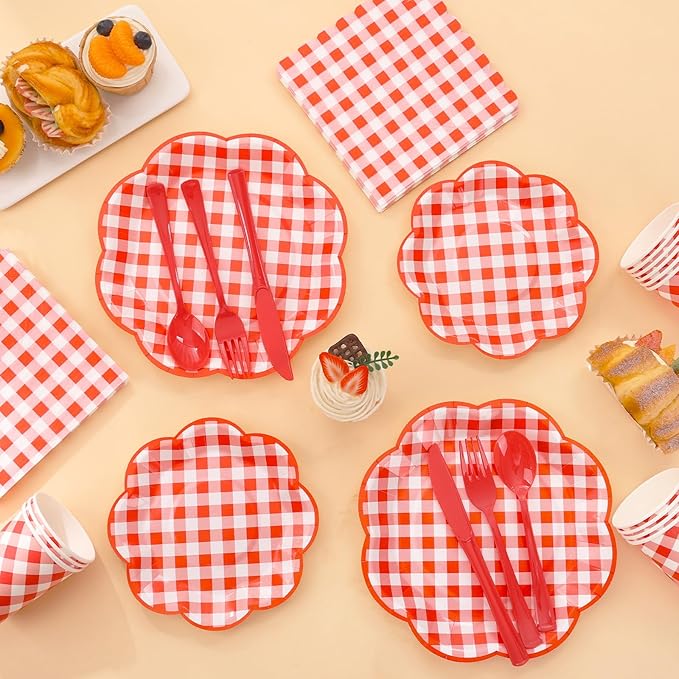 175 Pcs Red Gingham Plates and Napkins Party Supplies - Red and White Checkered Plates Sets Serve 25 Guests - Scalloped Gingham Paper Plate for Birthday Picnic BBQ Christmas Party Decorations-CasaMuseHome
