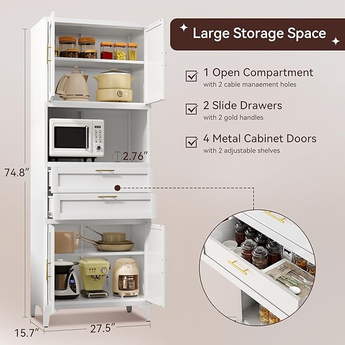 75” Tall Kitchen Pantry Storage Cabinet, Metal Bathroom Storage Cabinet with 2 Drawers and Adjustable Shelves, Kitchen Pantry Cupboard, Freestanding Cupboard for Bathroom, Living Room (White)-CasaMuseHome