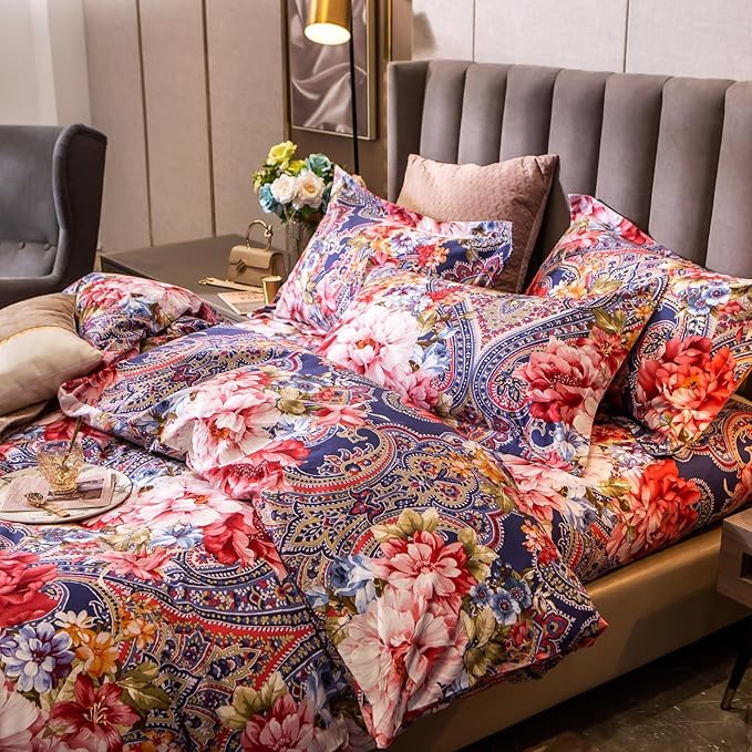 ABREEZE Colorful Floral Duvet Cover Queen 100% Cotton Flower Duvet Cover 3 Piece Set 1 Multi-Colored Damask Paisley Duvet Cover with Zipper Ties 2 Pillowcases Luxury Soft Peony Print Bedding Set-CasaMuseHome