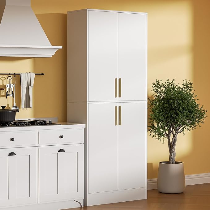 71" Tall Pantry Cabinet with 4 Doors, Kitchen Pantry Storage Cabinet, Freestanding Larder Cupboard, Kitchen Hutch with Gold Handles for Dining Room, Bathroom, White-CasaMuseHome