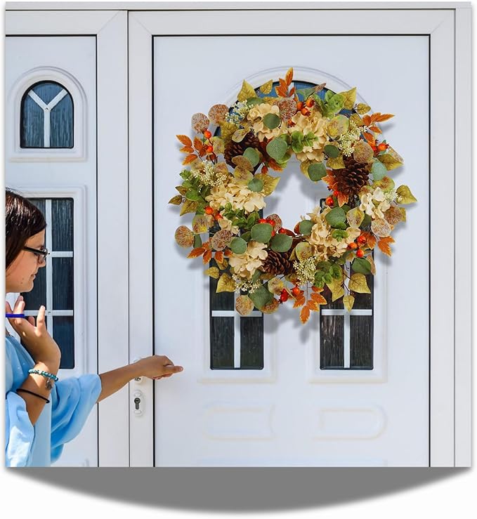 22 in Fall Hydrangea Wreath with Eucalyptus, Pinecones Orange Berries Perfect Autumn Door Wreath for Thanksgiving Harvest Decor - Rustic, Lifelike Durable for Indoor Outdoor Use-CasaMuseHome