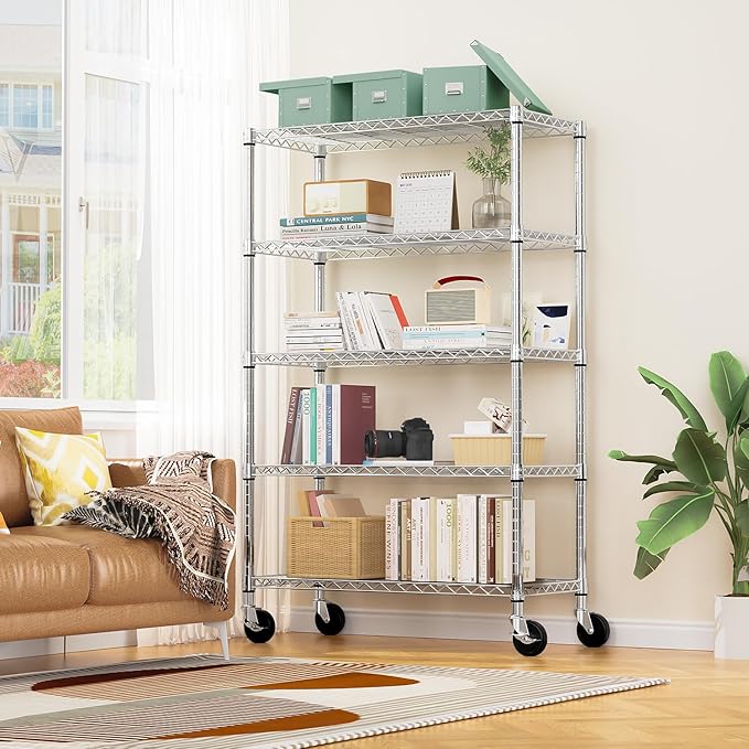 5-Shelf Storage Shelves,Wire Shelving Heavy Duty Metal Storage Shelving Unit Adjustable Garage Shelving Rack Pantry Kitchen (Chrome, 5 Tier,17.7" D x 47.2" W x 76.7" H)-CasaMuseHome