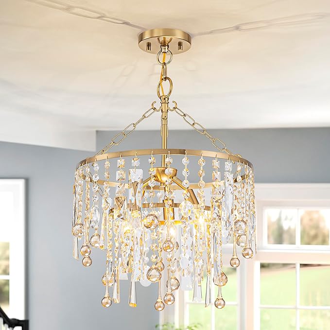 3-Lights K9 Crystal Chandeliers, Luxury Vintage Pendant Light Fixture for Dining Room, Living Room, D15*H20.4~66.8 inch (Adjustable), Clear Crystal & Gold Finish-CasaMuseHome