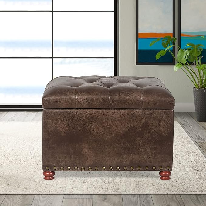 24'' Leather Ottoman with Storage Rectangle Foot Rest Ottomans Stool for Living Room(Brown,Leather Texture)-CasaMuseHome