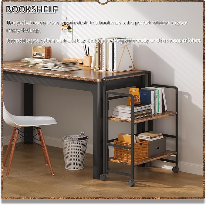 4NM 2 Tiers No-Assembly Folding Bookshelf with Wheels, Portable Rolling Storage Bookcase & Compact Side Table for Living Room, Bedroom, Kitchen, Bathroom (Rustic Brown and Black)-CasaMuseHome