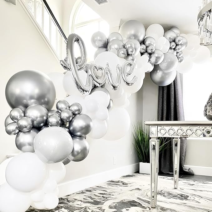 130pcs Metallic Silver Balloons Different Sizes 18" 12" 10" 5" Chrome Silver Balloon Garland Arch Kit for Graduation Birthday Baby Shower Wedding Anniversary New Year Party Decorations-CasaMuseHome