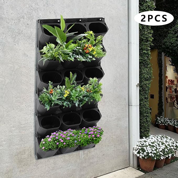 12Pieces 3-Pot Wall Planter Vertical Garden Plant Walls Wall Mounted Vertical Planter with Water-Storage Layer Stackable Wall-Mounted Flower Pot for Gardens, Balconies 180.78lbs Total Capacity (Black)-CasaMuseHome
