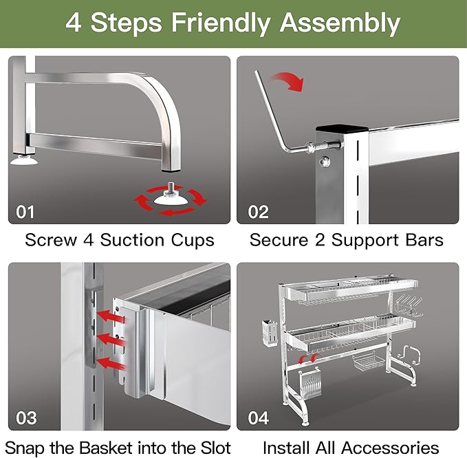 3 Tier Extra Large Stainless Steel Expandable Over The Sink Dish Drainer Drying Rack, Rust Proof Metal, Space Saving, Modern Silver Big Capacity Extendable Plate Strainers Above Kitchen Counter-CasaMuseHome