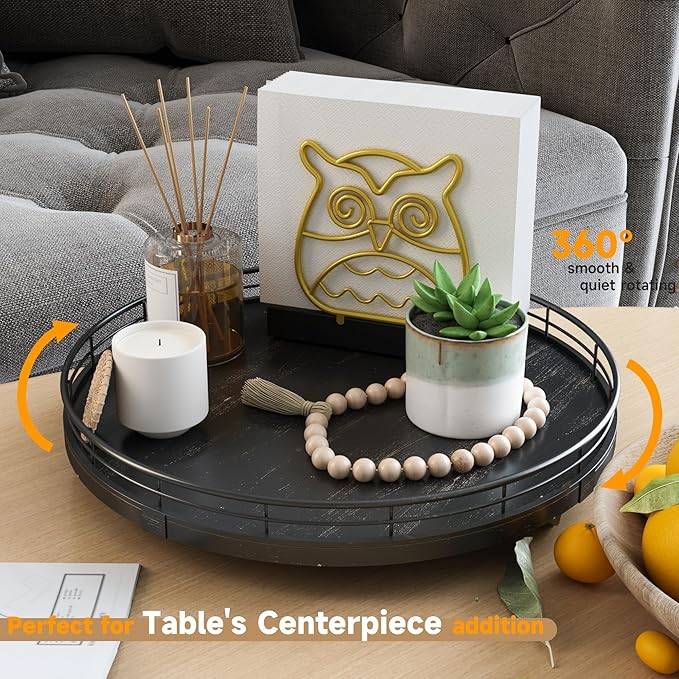 12" Oak Bathroom Vanity Tray Turntable for Perfume Candle, Round Wooden Decorative Tray for Kitchen Sink Countertop Organizer, Bathroom Counter Organizer for Skincare Makeup, Farmhouse Black Gold-CasaMuseHome