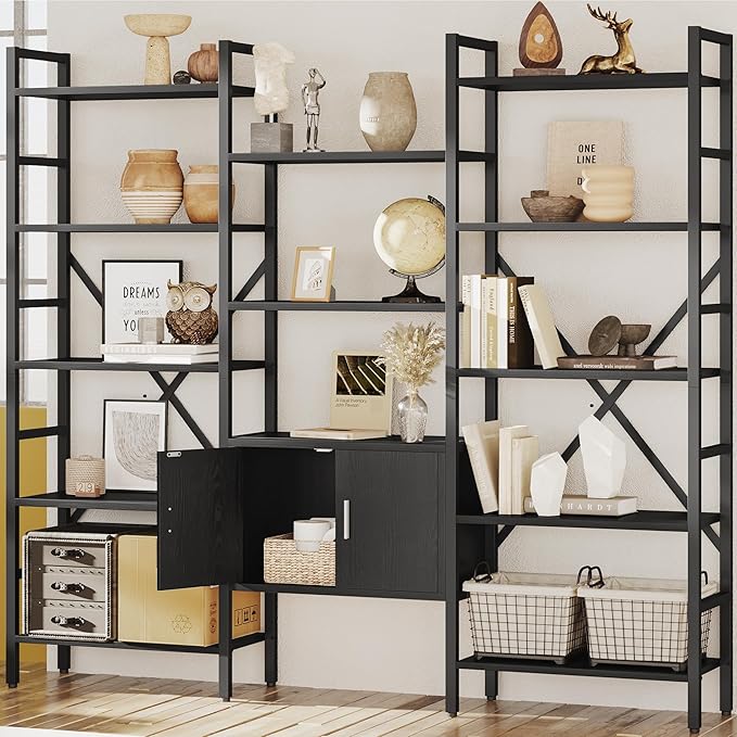 70 x70 Triple 5 Tier Book Shelf, Industrial Large Bookcase with Storage Cabinet, Tall Bookshelf with 14 Open Display Shelves Metal Frame Furniture for Living Room Bedroom Home Office Black-CasaMuseHome