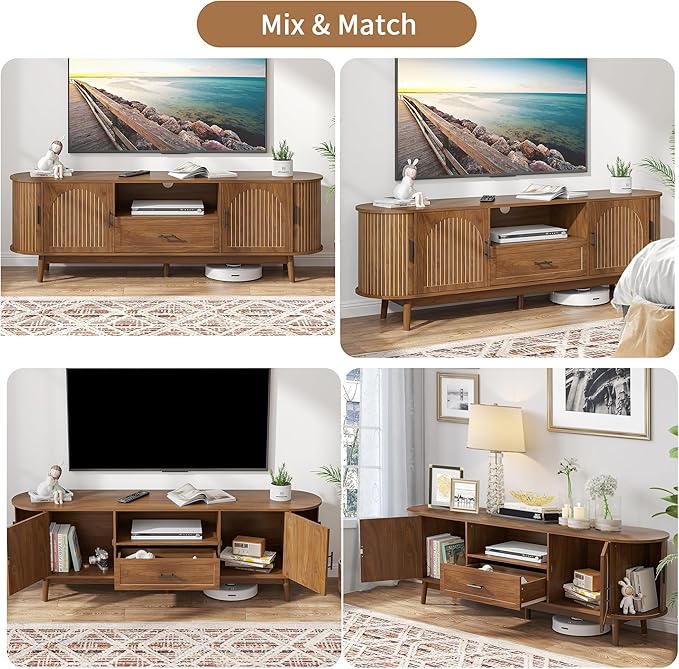 70" Fluted TV Stand for Tvs up to 80", Mid-Century Modern Entertainment Center with Drawers and Fluted Doors, Curved TV Media Console Table with Sliding Doors for Living Room, Bedroom (70")-CasaMuseHome
