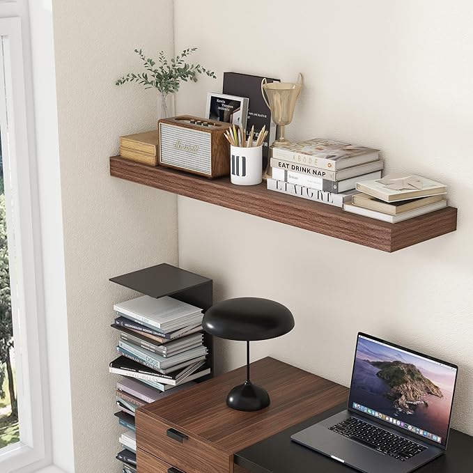 12 Inch Deep Floating Shelves, 48W x 12D Rustic Large Floating Shelves, Deep Walnut Wood Wall Shelves Set of 1 for Living Room Bathroom Laundry Room Bedroom Kitchen Home Office - Walnut-CasaMuseHome