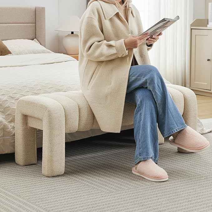 43.3" Bedroom Bench, Upholstered Entryway Bench, Modern End of Bed Ottoman with Solid Wood Legs and Adjustable Foot Pegs for Entryway, Dining Room and Living Room (Beige Linen)-CasaMuseHome