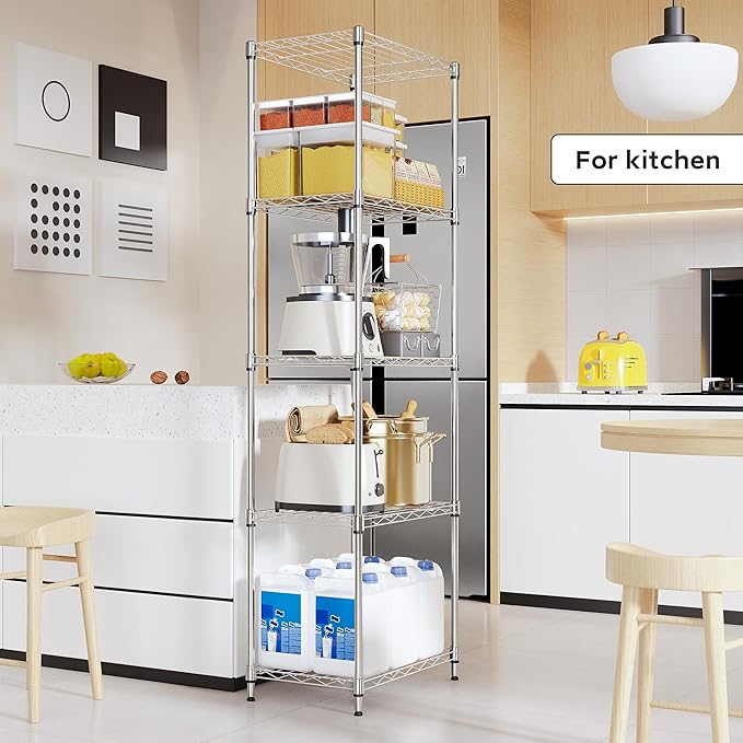 5 Tiers Shelf Metal Storage Shelves Wire Rack Closet Organizers with Wheel for Garage Kitchen Bathroom Laundry Chrome 11.8" D x 17.7" W x 55" H-CasaMuseHome