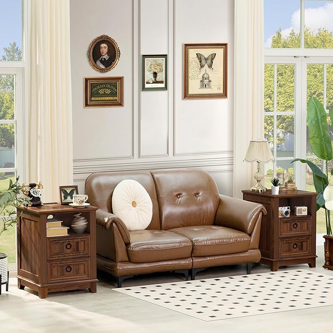 18" Farmhouse Night Stands Set of 2 with Charging Station, 2 Drawers End Table Dresser for Bedroom, Brown Wooden Nightstand, Bed Side Table with Open Shelf, Bedside Cabinet for Living Room-CasaMuseHome