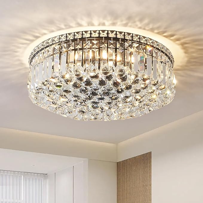 6-Lights Black Crystal Flush Mount Chandelier Light Fixture K9 Crystals Modern Ceiling Lights Elegant Pendant Lamp for Bedroom,Hallway,Bar,Living Room,Dining Room,H5.9 xW20 (Bulbs Not Included)-CasaMuseHome