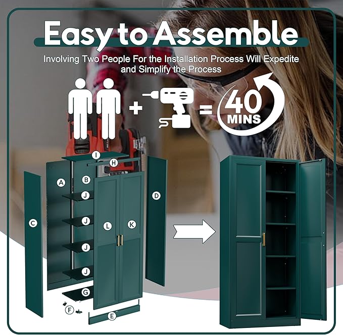 71" Storage Cabinet, Metal Pantry Cabinet, Kitchen Pantry Storage Cabinets with Doors and 4 Shelves, Cabinets for Laundry Room, Living Room, Dinning Room, Assembly Required, Green-CasaMuseHome