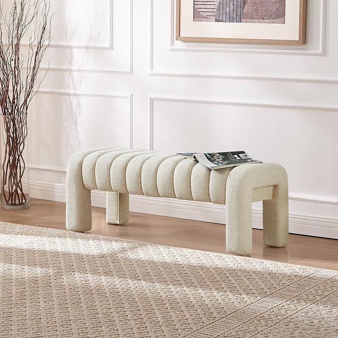 43.3" Bedroom Bench, Upholstered Entryway Bench, Modern End of Bed Ottoman with Solid Wood Legs and Adjustable Foot Pegs for Entryway, Dining Room and Living Room (Beige Linen)-CasaMuseHome