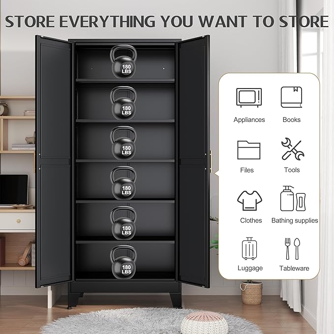 75.2" Tall Storage Cabinet, Pantry Storage Cabinets with 2 Door and 5 Adjustable Shelves, Black Kitchen Food Cabinet, Metal Utility Cabinets for Kitchen, Dinning Room, Laundry Room-CasaMuseHome
