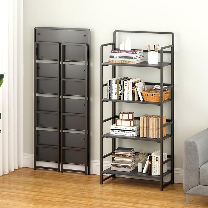 4NM No Assembly Foldable Bookshelf, 4-Shelf Collapsible Bookcase Storage for Small Spaces, 54" H, All Black-CasaMuseHome