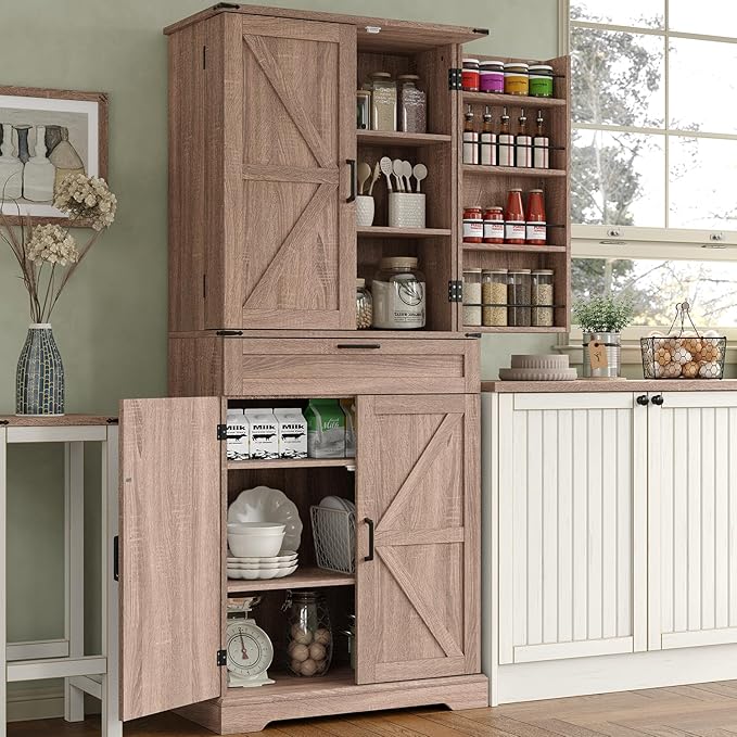 72'' Kitchen Storage Pantry Cabinet, Tall Storage Cabinet with 8 Door Shelves, 2 Cabinets and 1 Drawer, Freestanding Cupboard for Kitchen, Dining Room, Bathroom, Laundry, Living Room, Espresso-CasaMuseHome