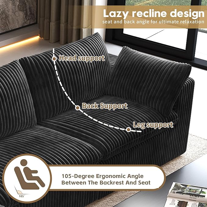 118" 3-Seater Cloud Sofa,Modular Sectional Couch,Modern Deep Seat Upholstered Couches with Plush Corduroy Fabric for Living Room Furniture,Bedroom and Apartment,No Assembly Required,Black-CasaMuseHome