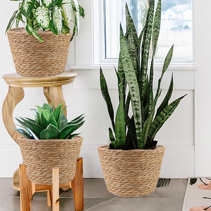 4 Pcs Large Premium Seagrass Planter Basket with Plastic Lining Natural Stylish Planter Baskets Indoor Outdoor Plants Woven Wicker Baskets for Plants Flower Pots Cover and Room Decor(10.2x7.5x7.5")-CasaMuseHome