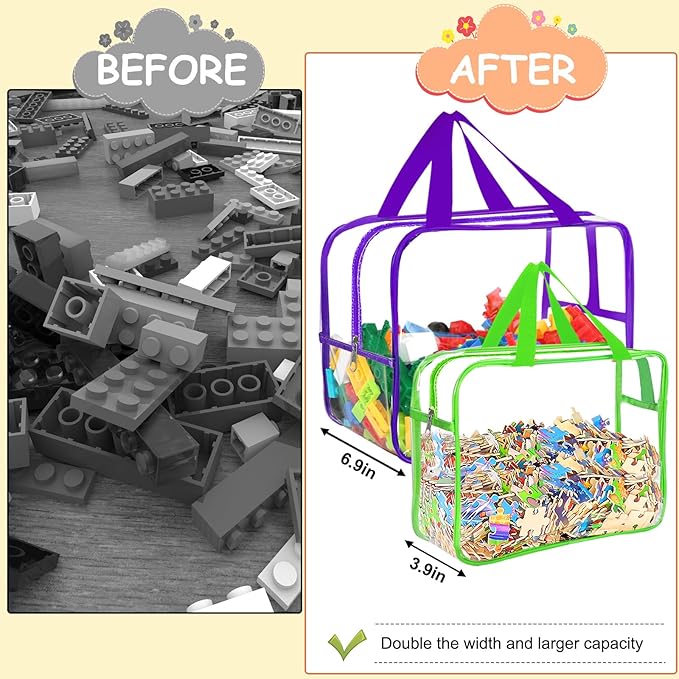 6 Colors Large Toy Storage Bags with Labels, Reusable Clear PVC Board Game Storage, Travel Waterproof Organizer Bags with Zipper for Building Blocks, Puzzle, Kids Books(3 large & 3 Widen X-Large)-CasaMuseHome