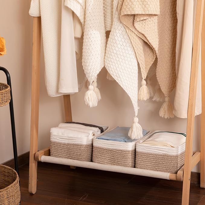 3 Pack Small Storage Baskets for Organizing, Cute Woven Decorative Gift Baskets for Shelves, Mini Closet Organizer Bins with Handles-13''Lx8.66''Wx5.11''H-Brown and White-CasaMuseHome