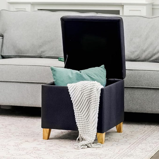 Adeco Fabric Storage Ottoman Bench with Solid Wood Legs, 17.7" Square Dark Grey Cotton Linen Cube Foot Stool, Upholstered Button Tufted Vanity Chair with Hinged Lid for Living Room, Bedroom, Dorm-CasaMuseHome