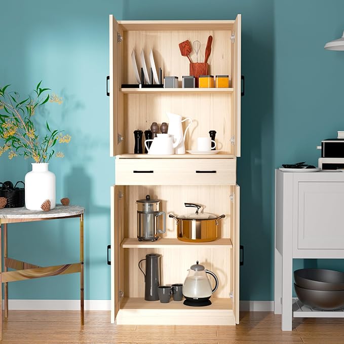 71" Tall Oak & Rattan Pantry Cabinet - Boho Chic Kitchen Storage with Doors & Drawer for Dining Room, Hallway or Kitchen Organization-CasaMuseHome