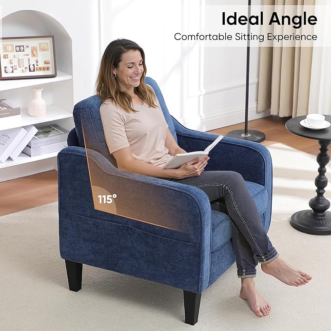 Accent Chair for Living Room, Mid Century Modern Reading Chair for Bedroom, Upholstered Armchair with Side Pockets, Comfy Single Sofa Side Chair for Office, Apartment, Small Room, Blue-CasaMuseHome