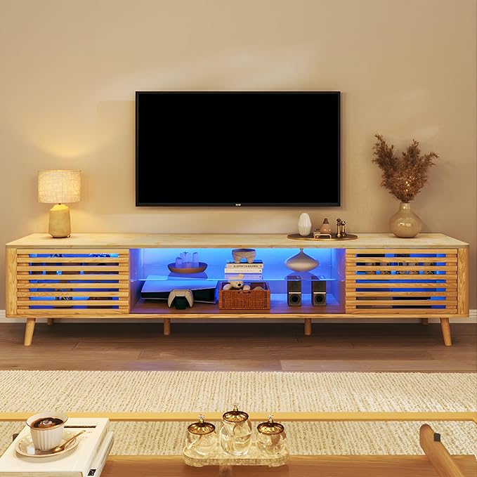 70" Mid Century Modern TV Stand for 55/65/75 Inch TV, Faux Marble Top Entertainment Center with Slatied Sliding Door & LED Lights, Low TV Console with Glass Shelves for Bedroom, Living Room-CasaMuseHome