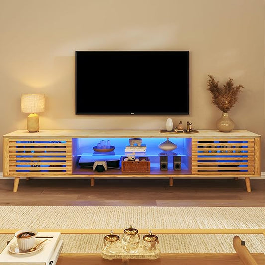 70" Mid Century Modern TV Stand for 55/65/75 Inch TV, Faux Marble Top Entertainment Center with Slatied Sliding Door & LED Lights, Low TV Console with Glass Shelves for Bedroom, Living Room-CasaMuseHome