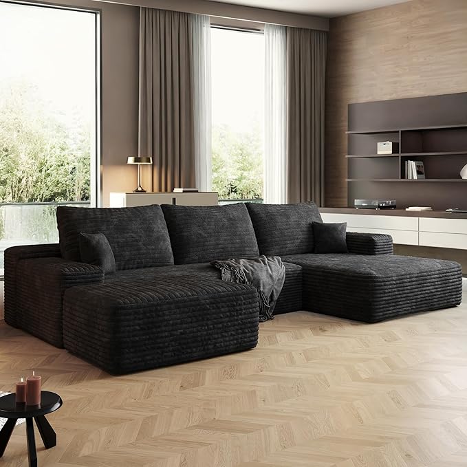 108" Sectional Couches for Living Room Modern Modular Sofa with L-Shape Couchs Upholstered Boneless Couch Deep Seat Sectional Couch with Chaise (Black, Right Facing Chaise+2Seaters+1Ottoman)-CasaMuseHome
