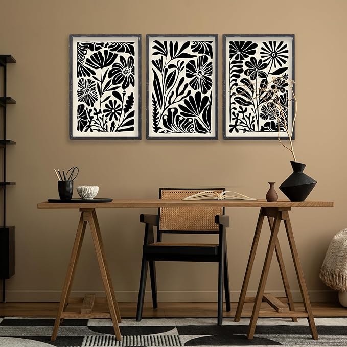 Abstract Floral Botanical Wall Art 16x11 Inch 3 Piece Black Vintage Boho Plant Flower Minimalist Wood Frame Sign Home Living Room Family Office Mid Century Print Wall Hanging Decor (Black)-CasaMuseHome