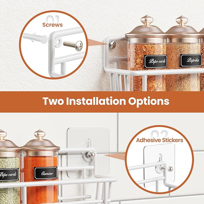 5 Pack Spice Rack Seasoning Organizer Wall Mount, Screw or Adhesive Hanging Shelf Basket Spice Organizer Shelf for Kitchen, White-CasaMuseHome
