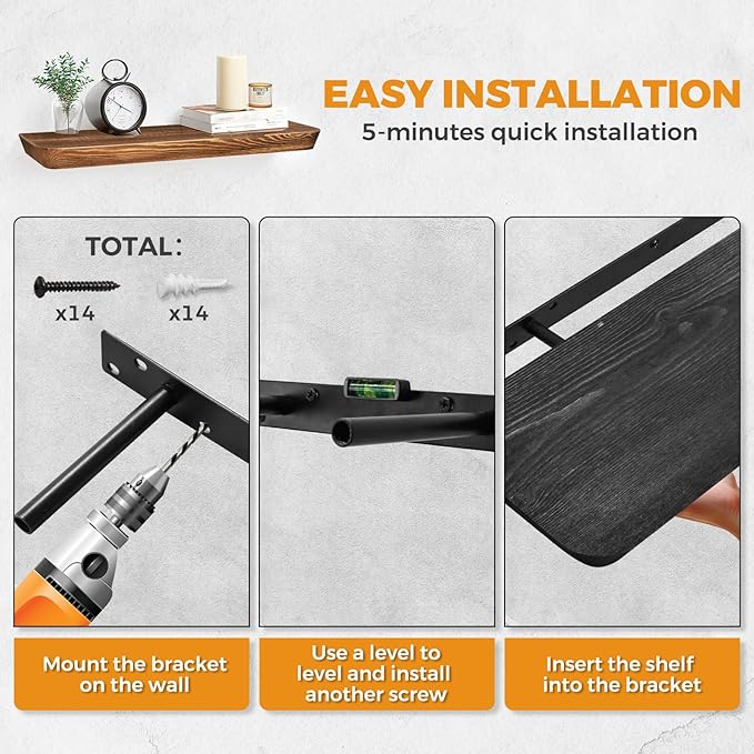 24"x6.8"x1.6" Slanted Floating Wall Shelves 2-Pack - Rustic Black Finish, Heavy-Duty Solid Wood Design with Hidden Brackets - Perfect for Living Room, Kitchen, Bathroom, or Office-CasaMuseHome