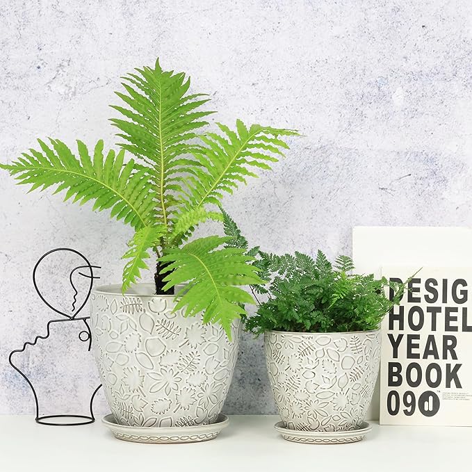 8 Inch + 6 Inch Retro Ceramic Planter Set of 2 with Drainage Hole and Saucer for Multiple Plants, Indoor-Outdoor Garden Pots for Succulent, Orchid, and Flower (Retro White)-CasaMuseHome