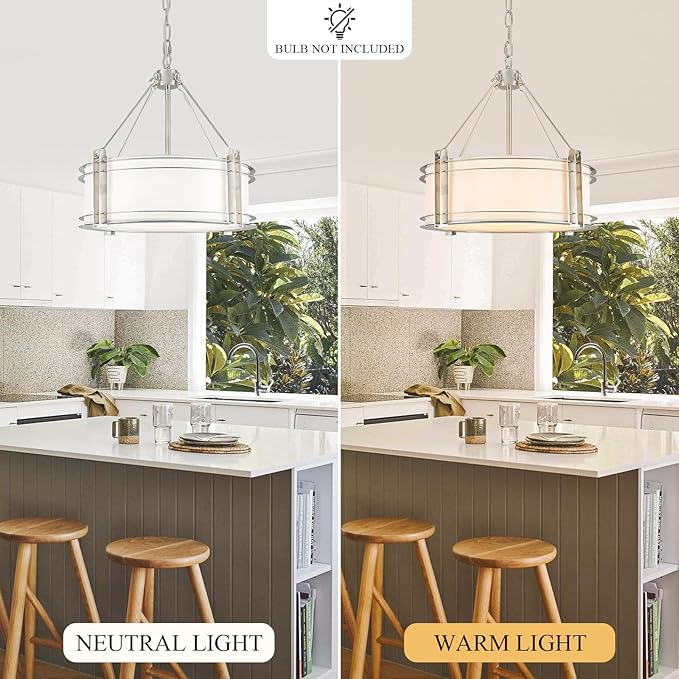 16.3''Drum Chandelier 3-Light Brushed Nickel Modern White Fabric Chandeliers Adjustable Drum Pendant Light for Dining Room Kitchen Island Hallway Living Bedroom-CasaMuseHome