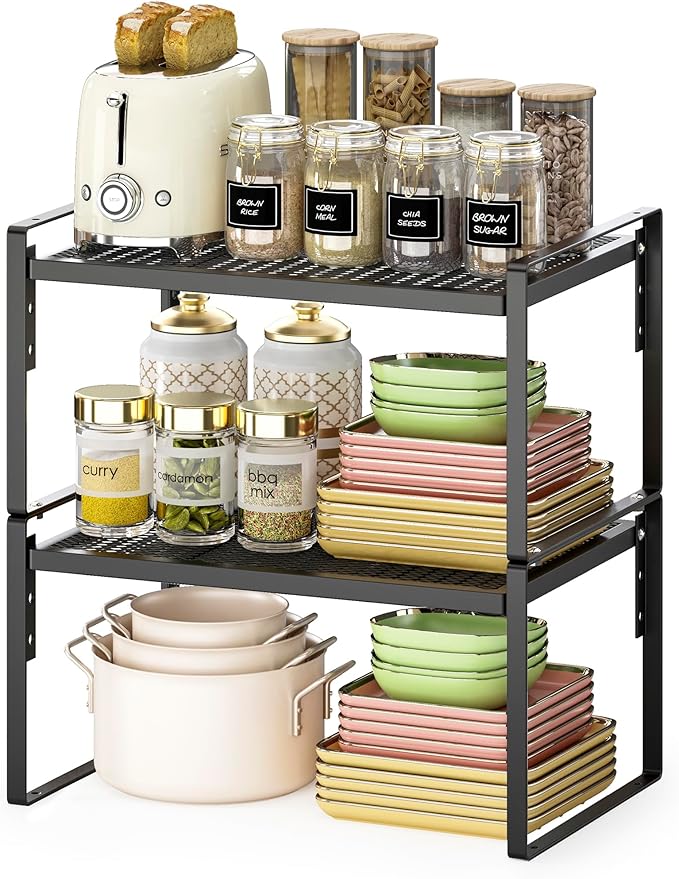 2 Pack Kitchen Countertop Organizer, Stackable Cabinet Shelf Organizer, 2 Tier Adjustable Kitchen Counter Shelves Riser For Pantry Cupboard Bathroom Organization And Storage, Desk Shelf,Spice Rack-CasaMuseHome