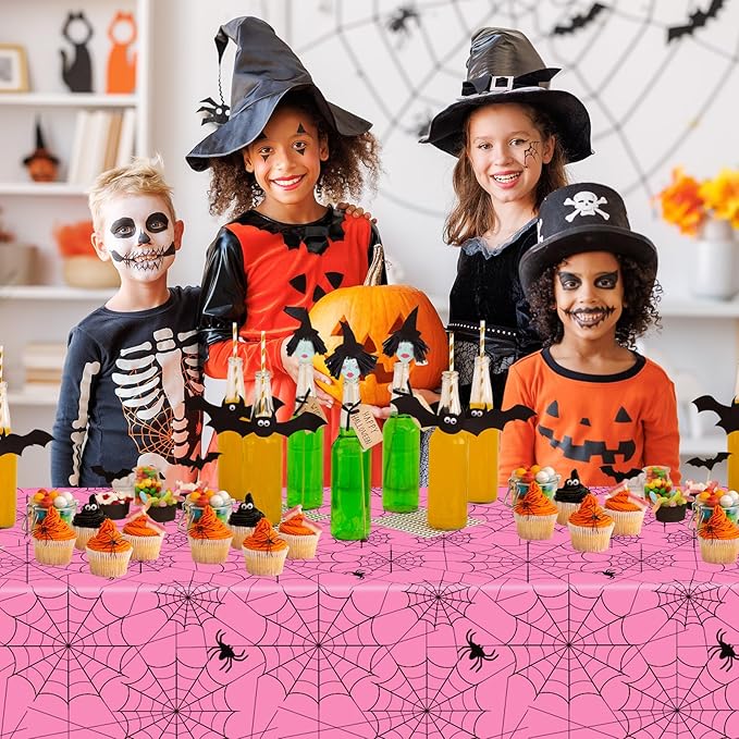 2 Pcs Halloween Tablecloth - Plastic Halloweens Spider Webs Table Cloth, Pink Disposable Rectangle Spiderweb Table Cover for Halloween Party Decorations Supplies Favors Tables Decor, 108 x 54 Inch-CasaMuseHome