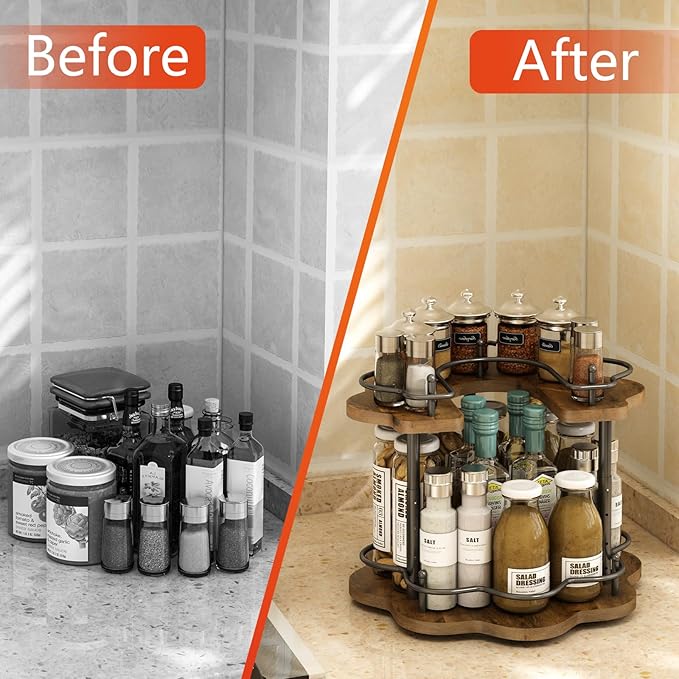 2 Tier Lazy Susan Organizer,2-Tier Spinning Spice Rack with Stable Carousel Base & 4 Height Settings for Cupboard Kitchen Countertop Dining Table Cupboard (Petal Shape)-CasaMuseHome