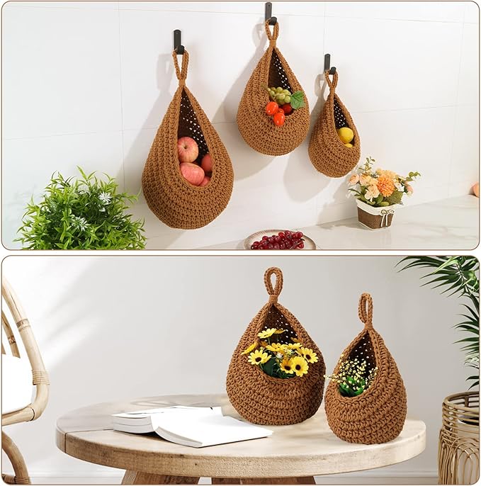 Hanging Fruit Baskets for Kitchen - 3 Pack Boho Wall Hanging Basket with 6 Pcs Strong Hooks, Handwoven Hanging Holder Teardrop Home Produce Basket for Fruits Vegetable Potato Onion Storage (Linen)-CasaMuseHome