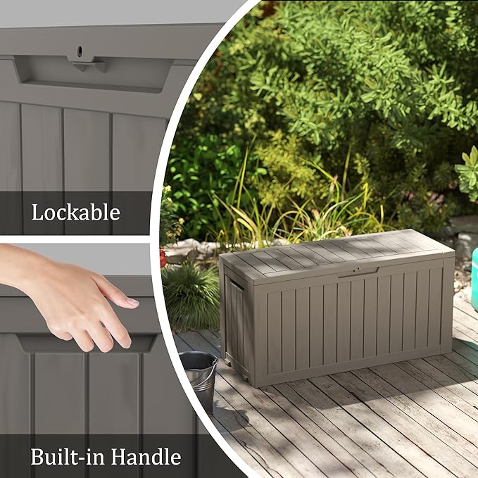 75 Gallon Double-Wall Resin Deck Box - Lockable Waterproof Outdoor Storage Box, 515lbs Capacity & Doubles as Seating for Patio Furniture - Garden Tools, Pool Accessories (Brown)-CasaMuseHome