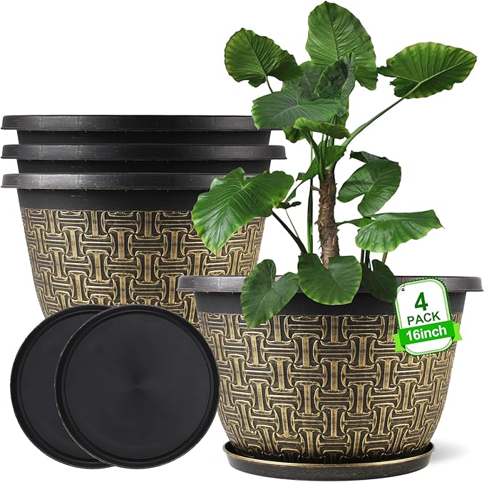 4 Pack 16 Inch Planter,Large Plastic Flower Pots Outdoor Indoor with Drainage Holes & Trays, Retro Antique Imitation Decorative Garden Plant Pots Outdoor for Houseplants-CasaMuseHome