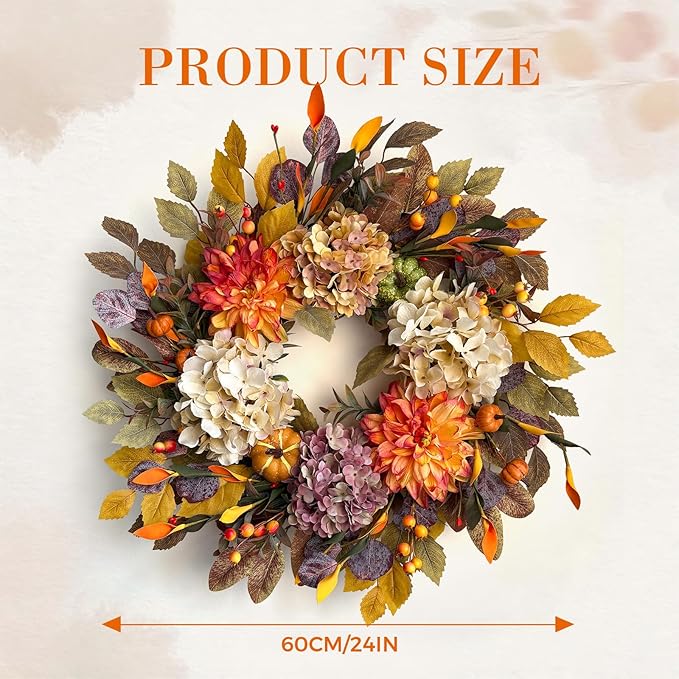 24Inch Fall Wreaths for Front Door,Fall Wreath with Beige Hydrangea,Orange Dahlia Artificial Flowers,Pumpkins,Autumn Wreaths for Harvest Thanksgiving Halloween Indoor Outdoor Home Decor-CasaMuseHome