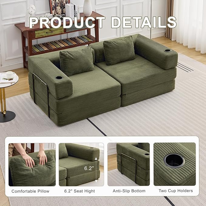 78" W Loveseat Sofa, 4 in 1 Convertible Floor Sofa Bed, Boneless Cloud Couch with Cup Holder, Fold Out Floor Couch, Loveseat Recliner Sleeper for Living Room Bedroom Lounge(Corduroy, White)-CasaMuseHome